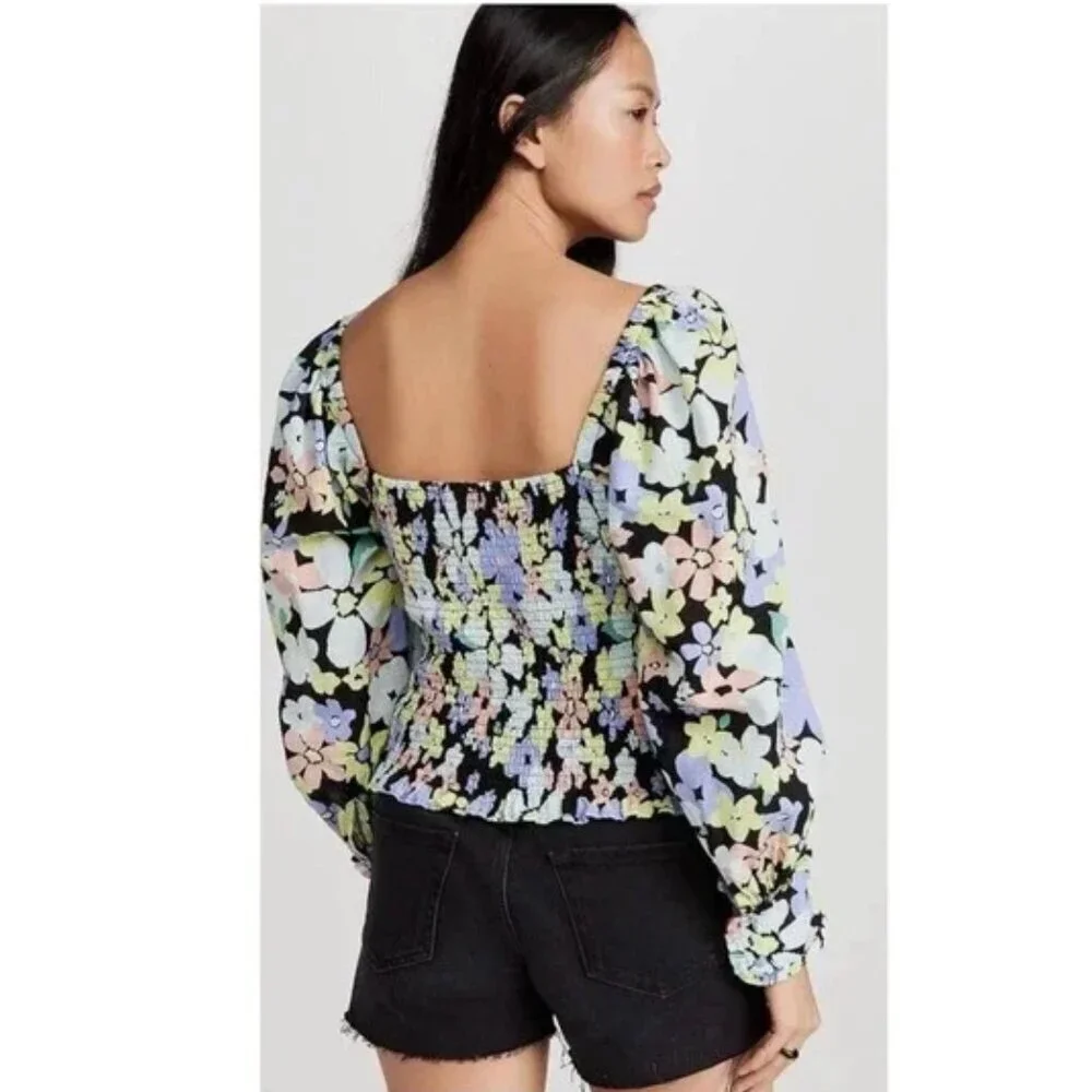 Free People Ariana Blouse Floral Retro Smocked Puff Long Sleeve Shirt Size Small
